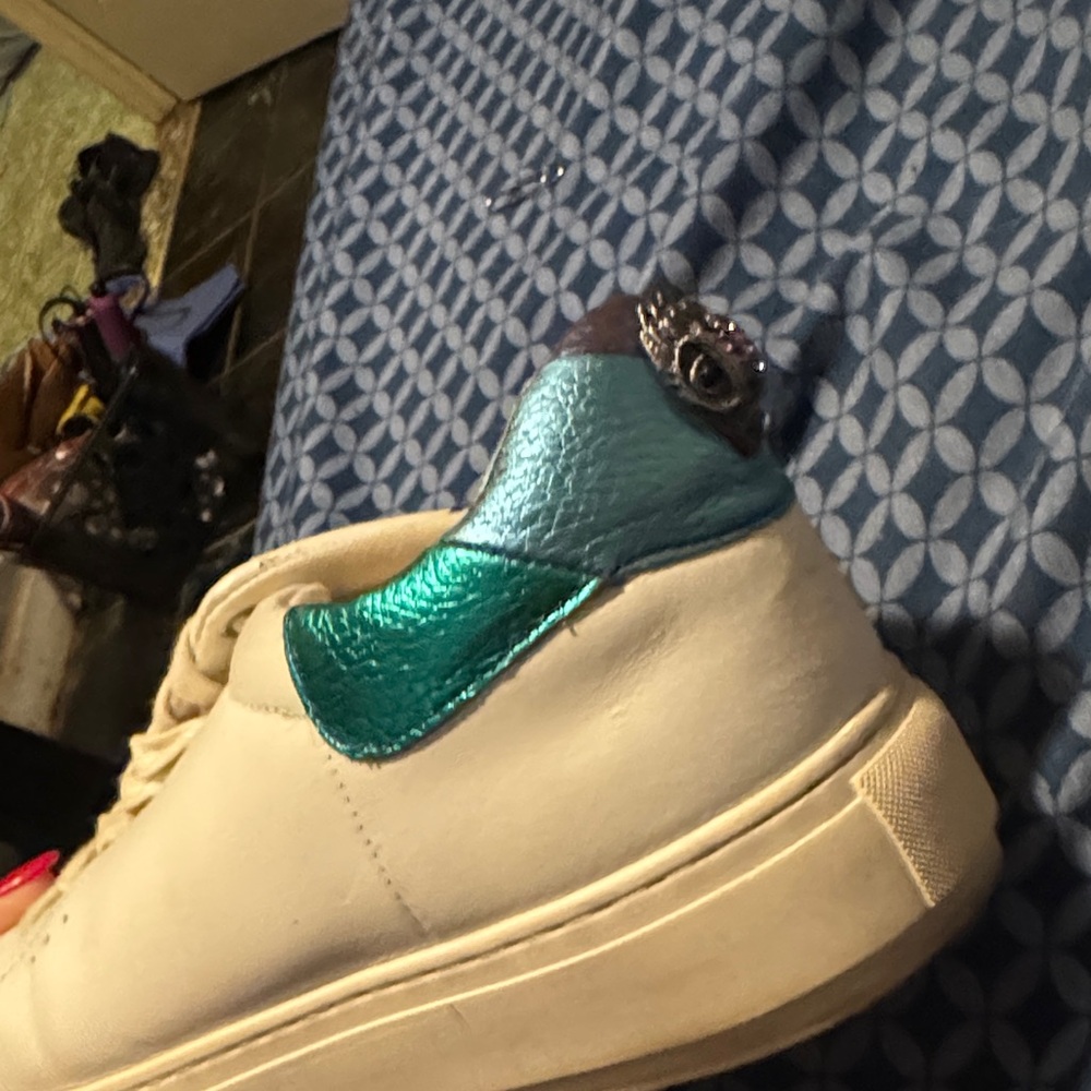 Kurt Geiger Cream Leather Sneakers with Teal Metallic Heel